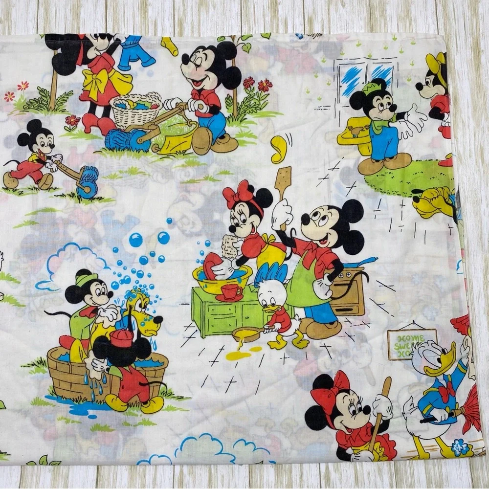 Vintage Walt Disney Productions 1960s Mickey and Friends Doing Chores Flat Sheet